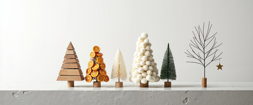 Various Christmas trees, decorated and undecorated on white background  