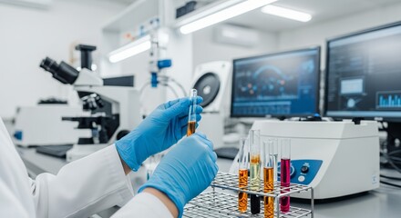 Scientist's hands holding test tube with liquid in laboratory with equipment, concept for pharmaceutical research, medical development and scientific testing