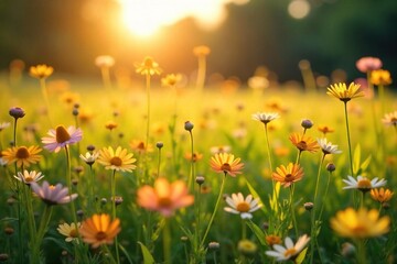 Golden Hour Wildflowers Serene Summer Field bathed in Warm Sunlight, Gently Swaying in the Breeze ? Perfect for Idyllic Nature Projects