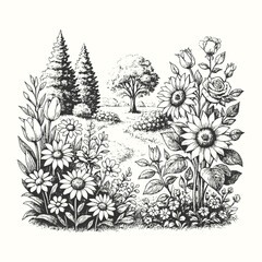 Fototapeta premium Engraving of a beautiful flower garden with trees and a small path leading through nature.