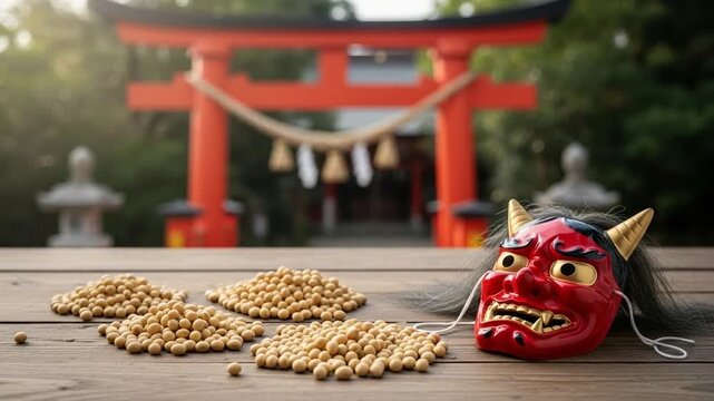 Japanese Setsubun Festival Oni Mask and Soybeans at Shrine.