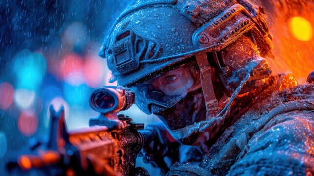 A soldier in tactical gear aims a rifle in rainy, low-light conditions with intense blue and orange lighting effects.