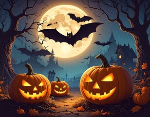 Halloween pumpkins and scary bats