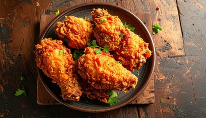 Crispy Fried Chicken on a Dark Plate with Rustic Wooden Background and Garnish High Angle View Delicious Meal Golden Brown Texture