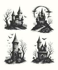 Vintage engraving of a spooky castle under the moonlight with bare trees and bats flying around.