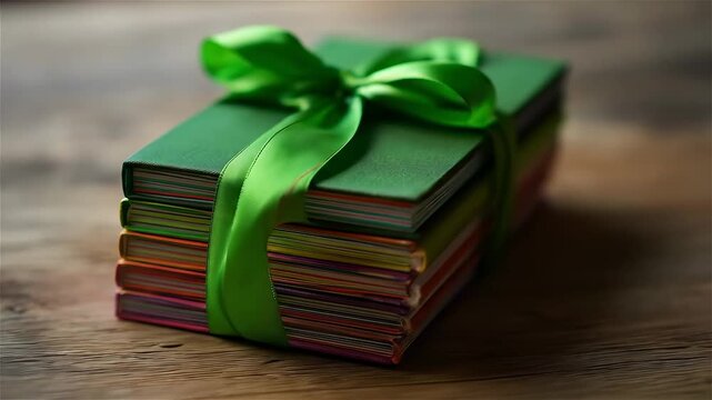 Colorful gift stack wrapped in green ribbon on rustic wooden surface creates a warm and inviting atmosphere