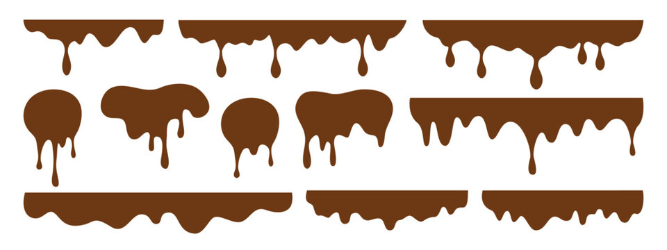 Set of dripping chocolate shapes in a simple, flat design. Collection of various melting liquid borders, drips, and splashes, perfect for dessert or candy-themed graphics