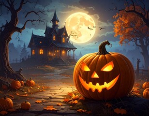 Halloween pumpkin with scary haunted house