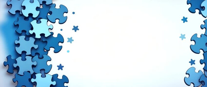 Blue neuron and puzzle piece border with copy space for World Autism Awareness Day concept as Border with blue neuron illustrations and puzzle pieces creating space for autism awareness text in  Photo - Powered by Adobe