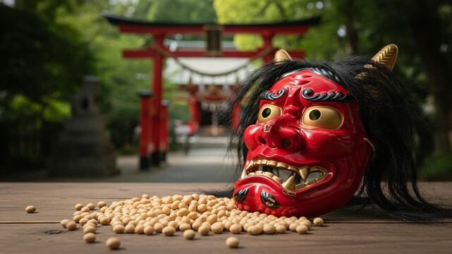 Setsubun Festival: Demon Mask and Roasted Soybeans for Good Luck.