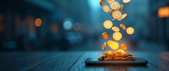 Money transfer on smartphones coins moving between phones symbolizes digital transactions and modern finance systems. concept as Highlights mobile payments digital wallets and the convenience of trans - Powered by Adobe