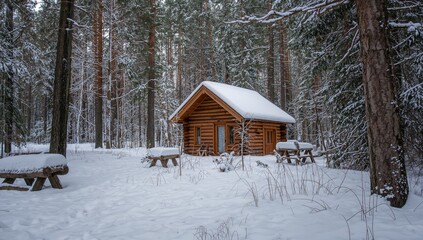 Secluded wooden shelter surrounded by snowy pine trees