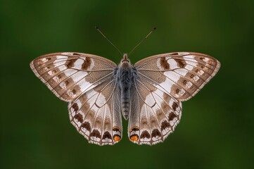 Naklejka premium In a tranquil natural setting, a solitary white butterfly displays its detailed brown wings up close, highlighting the beauty of this elegant creature.