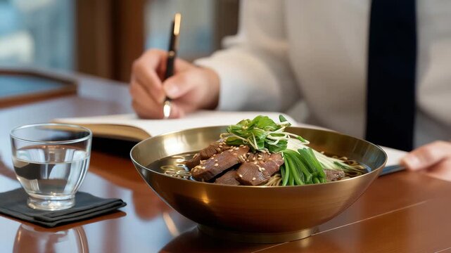 A food critic, their posture upright with a notepad in hand, evaluates Pyeongyang Naengmyeon in a yugi brass bowl at a restaurant table, its surface polished wood. The bowl&rsquo;s metallic curves shine,