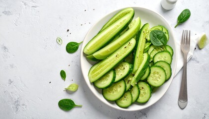 Cucumber Slices and Halves on White Plate in Soft Light Food Photography Fresh Green Cucumbers on Ceramic Surface Health Vegetarian Diet Kitchen Still Life