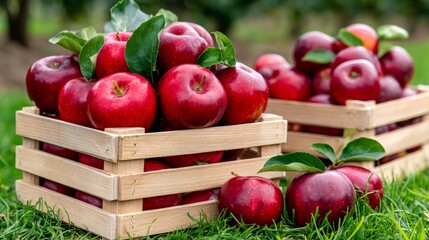 Red apples in wooden crates on green grass