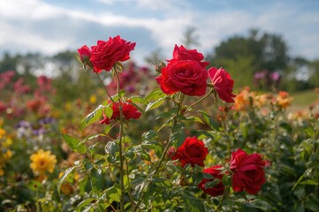 Summer garden full of blooming red roses