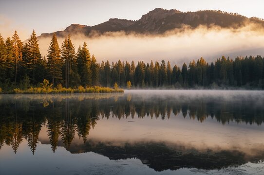 Sunrise Over a Misty Lake with Tree Reflections and Dense Fog in a Mountainous Region