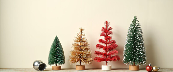 Miniature Christmas trees in various colors and styles on display  