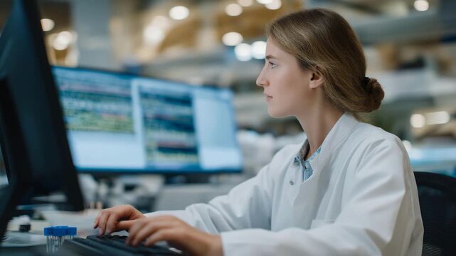 A scientist visualizes telomere-binding proteins in a proteomics lab, with mass spectrometers analyzing, screens showing protein peaks, samples in vials, and a lab bench cluttered, captured in a