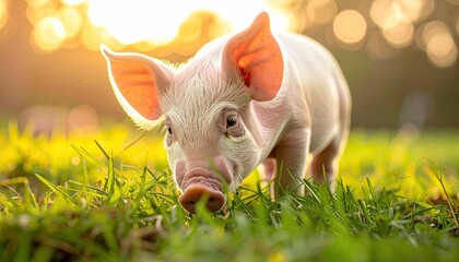 Cute Pink Piglet Grazing on Green Grass with Bokeh Background during Golden Hour