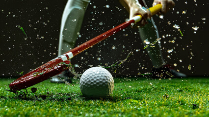 Hockey stick hitting ball with dramatic splash in green turf close-up. Concept of branding and digital marketing for energetic sports campaigns and advertising visuals.