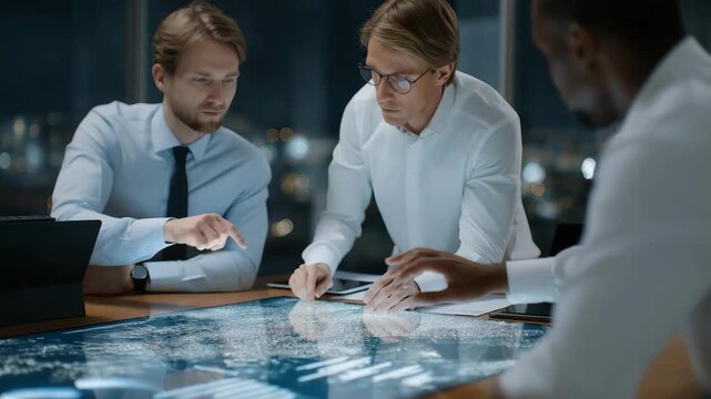 Business professionals collaborating around modern table while futuristic transparent screens project holographic financial analytics, highlighting digital transformation, corporate planning, and