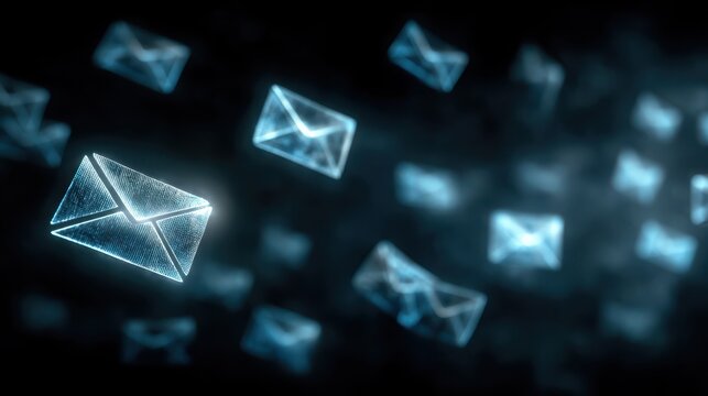 Futuristic digital envelopes symbolizing electronic email communication in a dark, tech-inspired environment.