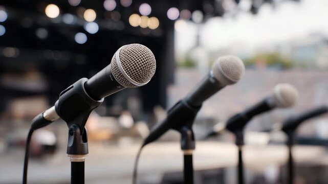 Crew arranges microphones, checks sound cables, and positions instruments on stage, representing dedication, precision, and invisible preparation work ensuring flawless concerts and live