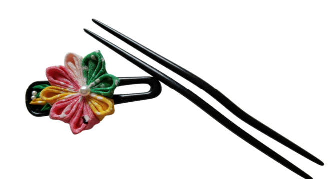 Colorful traditional Japanese flower hairpin and black hair stick accessories for formal hairstyle isolated PNG with Transparent Background