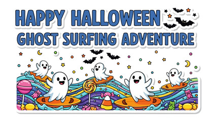Spooky Surf Adventure: Cheerful ghost surfers ride waves, surrounded by Halloween delights such as candy and bats, against a backdrop of the vibrant and mysterious night sky.