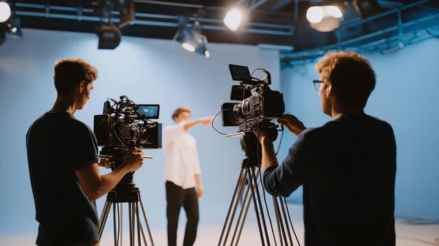 Film crew positions cameras on tripods while operators fine-tune lenses, sound engineers balance levels, and gaffers adjust light angles, symbolizing intricate teamwork powering cinematic