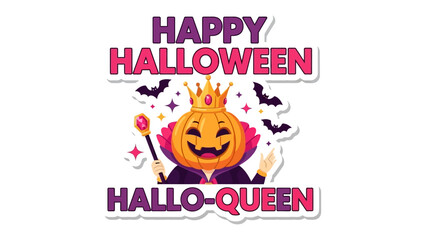 Happy Halloween Hallo-Queen: A joyful pumpkin character in a regal crown and cloak radiates festive cheer against a backdrop of bats, conjuring up the spirit of Halloween.