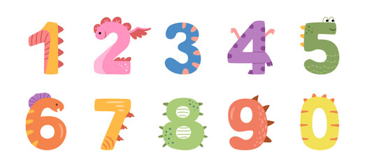 Learning numbers with funny and cute dinosaur fonts. Vector in flat style, isolated graphic for kids. Nursery or preschool educative cards or stickers. Childish lettering for child typography