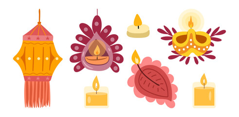 Elements of celebrating festival of light and renewal in India. Vector isolated table lamps and rangolis, candles and lantern. Hindu tradition, joy and spirituality. Symbols of Diwali holiday