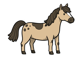 Fototapeta premium Charming cartoon illustration of a spotted pinto horse with a thick brown mane and tail.