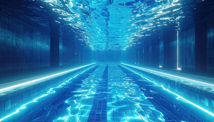 Cyberpunk Style Corridor with Neon Blue Lights and Geometric Patterns, Futuristic Architecture with Reflected Surfaces and Central Perspective