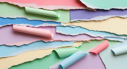 Abstract composition made from torn paper pieces in pastel colors layered together, creating depth, creativity, and a handmade craft feeling.