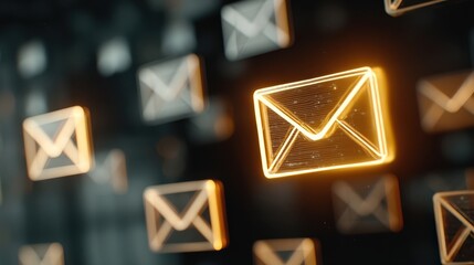 Glowing digital envelope icons representing email communication floating in a dark virtual space.
