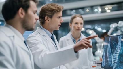 High-tech lab interior with diverse scientists collaborating around holographic genome projections, robotic assistants, and neon-lit diagnostic equipment, symbolizing futuristic biotechnology and - Powered by Adobe