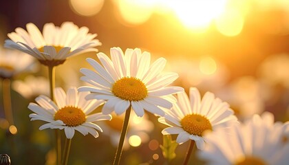Daisy Flowers in Golden Sunlight with Bokeh Background Close Up View of White Petals and Yellow Centers Warm Glowing Light
