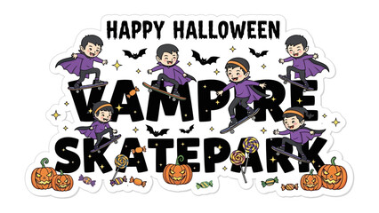 Happy Halloween Vampire Skateboard Scene: Vibrant artwork featuring a vampire-themed skateboard scene with pumpkins and bats, perfect for festive autumn celebrations. 