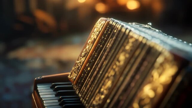 Detailed antique accordion resting on a wooden chair indoors.