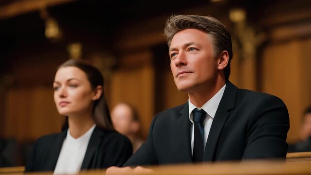 Panel of female and male jurors observing witness testimony with serious expressions while taking notes, symbolizing courtroom diligence, unbiased assessment, professional evaluation, legal