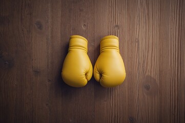 Bright yellow boxing gloves resting on a wooden surface.