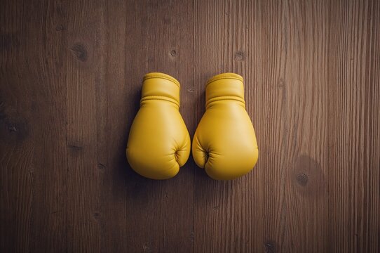 Bright yellow boxing gloves resting on a wooden surface.