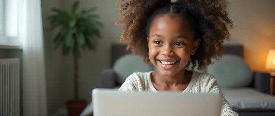 Cute African girl participates in distance learning via virtual online class video conference with teacher tutor and peers studying together at home on computer concept as Cute African girl participat - Powered by Adobe