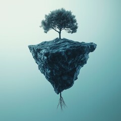 A surreal image depicting a lone tree growing atop a floating rock island, suspended in a serene blue sky. The roots of the tree extend beneath the rock, emphasizing themes of isolation and