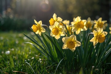 Fototapeta premium Bright yellow daffodils blossoming in a backyard