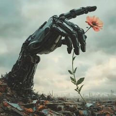 A futuristic robotic hand emerges from a pile of debris, gently holding a delicate flower. This image symbolizes the intersection of technology and nature, highlighting themes of hope and renewal.
